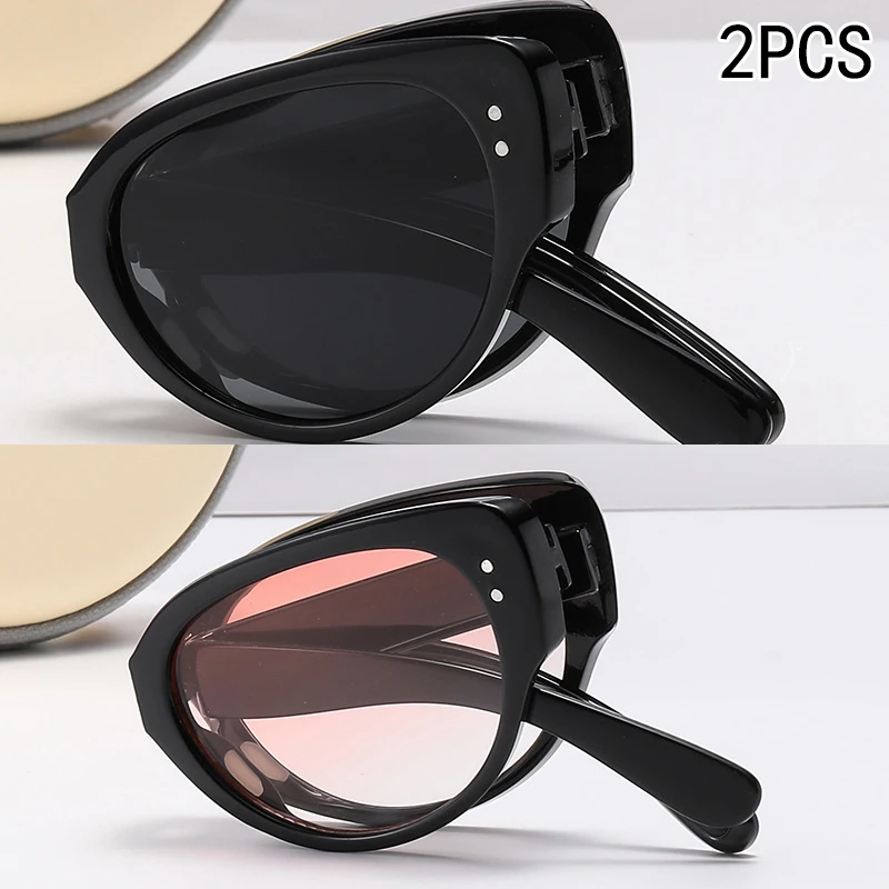 2PCS Retro Cat Eyes Foldable 2025 New High-end Fashion-proof Sun Protection And Ultraviolet Narrow Frame Car Sunglasses 9674