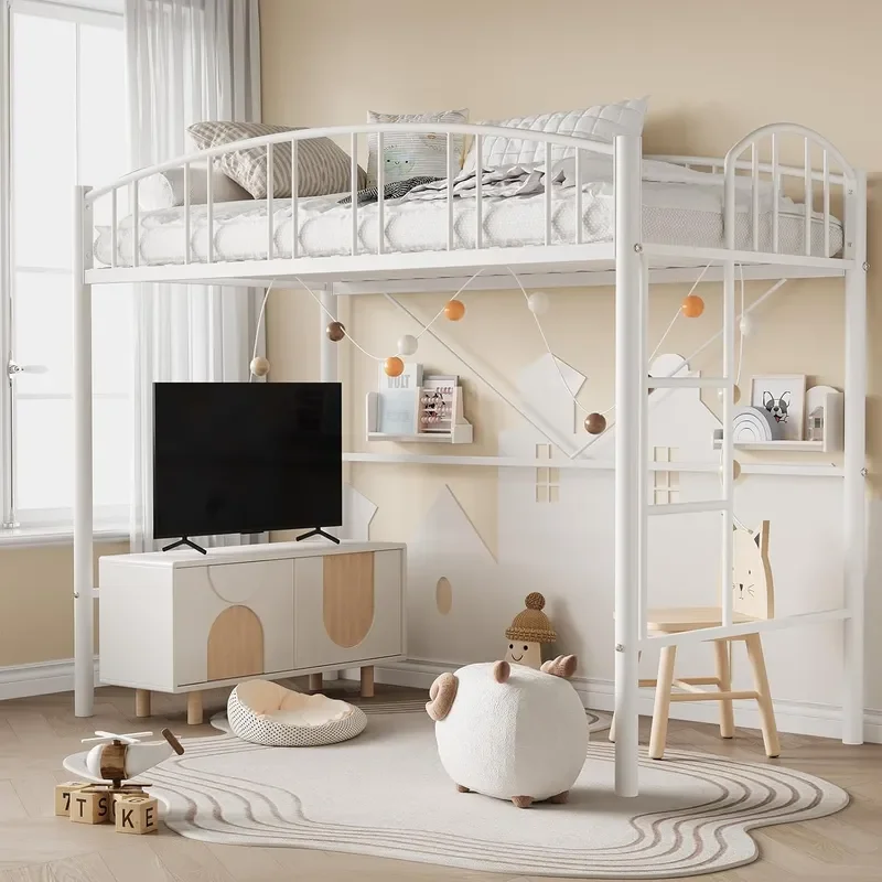 Loft Bed Twin Size with Arched Guardrail and Safety Ladder