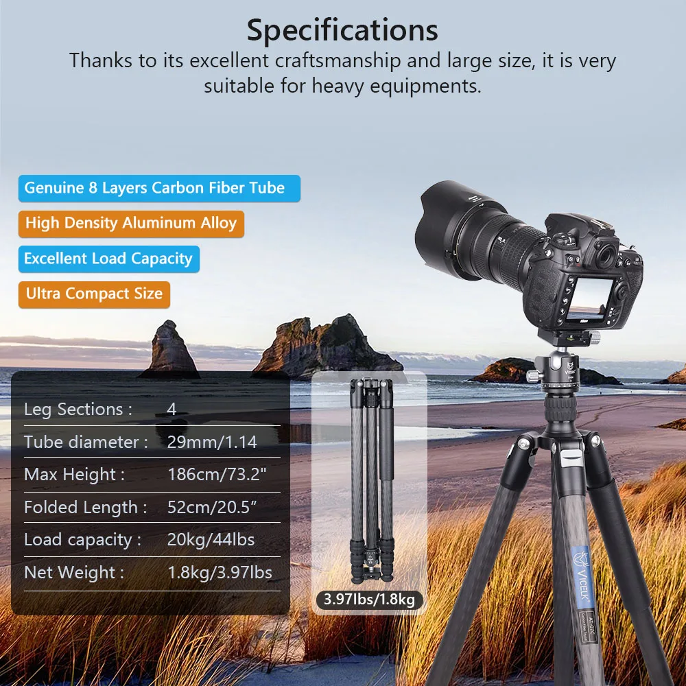 VICELK AT-07C Compact Carbon Fiber Tripod Monopod,29mm Tube, with 34mm/46mm Low Profile Ball Head for Digital SLR DSLR Camera