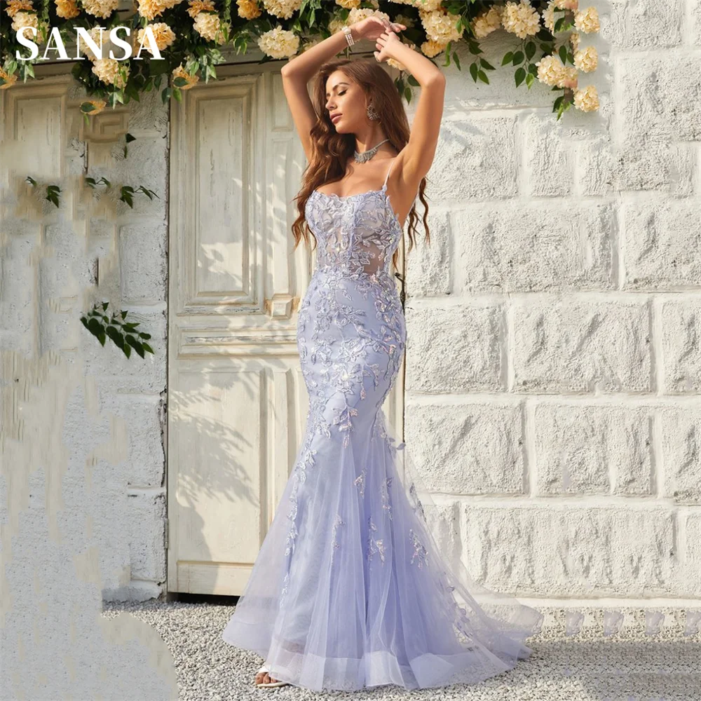 

Sansa Lavender Sexy Backless Mermaid Prom Dress Spaghetti Strap vestidos de fiesta Lace Embroidery Tulle Evening Dress 2024