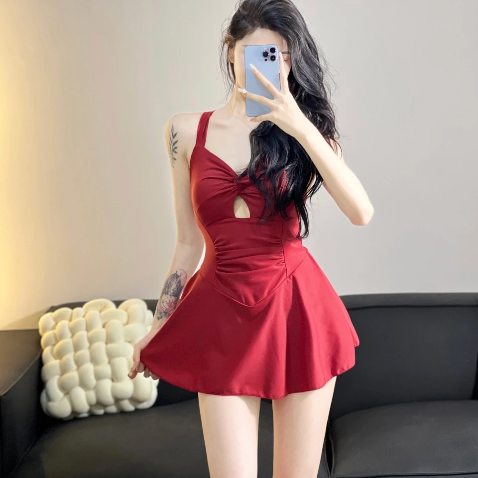 

Candygirls One-Piece Swimsuit Women's Conservative High Waist Thermal Pool Swimwear Gathered Small Chest Nylon Spandex Polyester