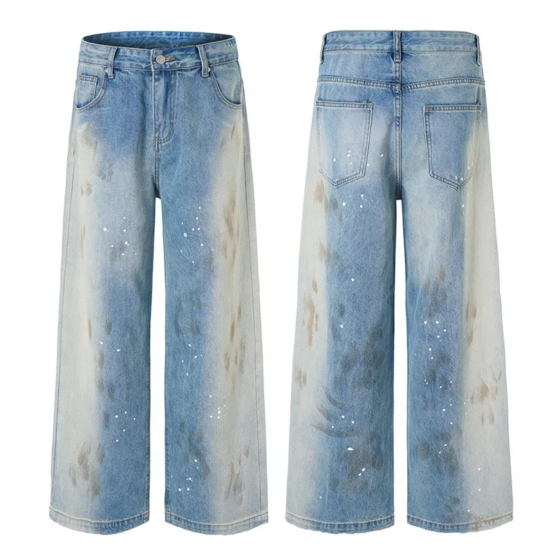 

2025 vintage dirty dye splashed ink design loose jeans for men and women street fashion casual personalized couple pants