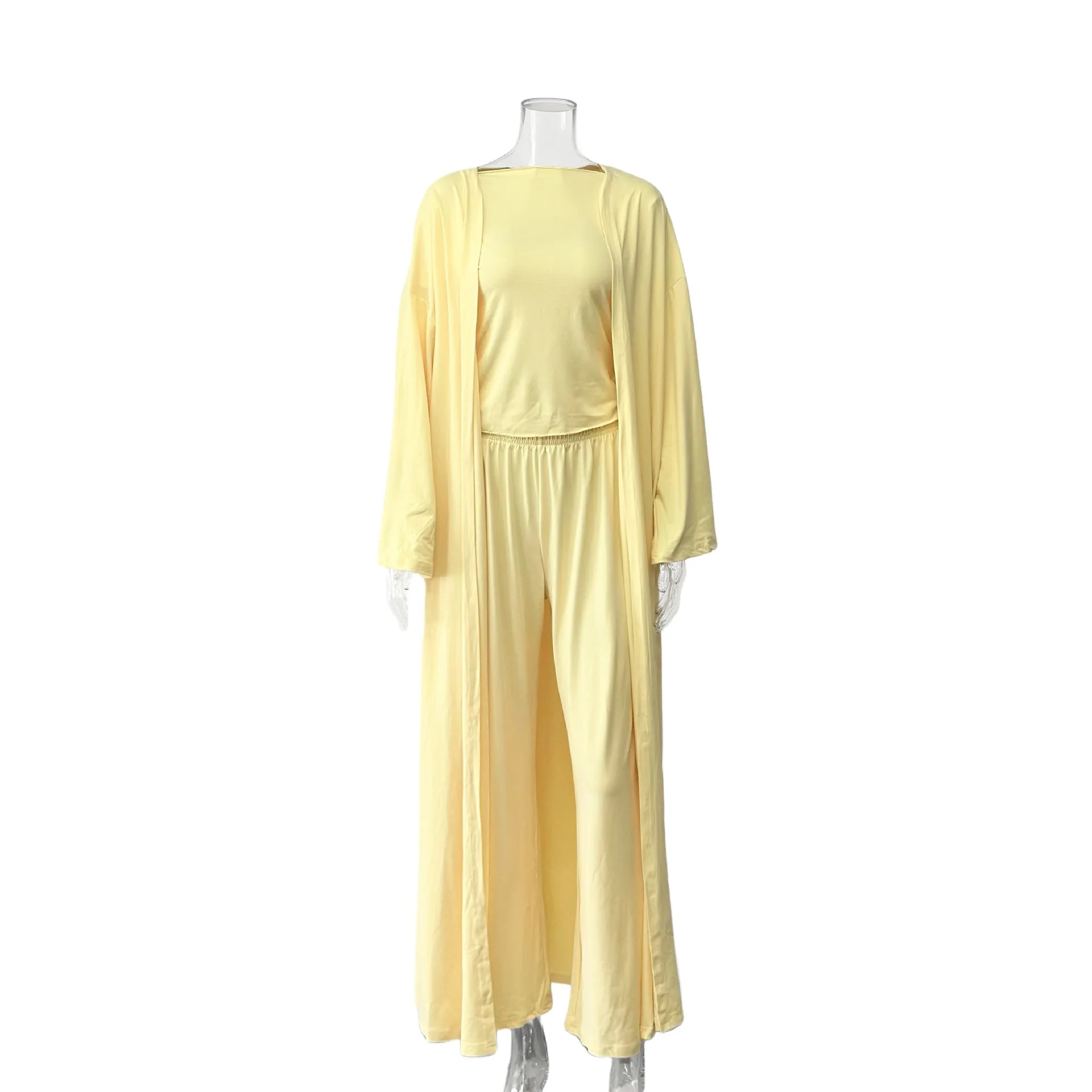 3 pieces women sets 2026 new autumn solid-color knitted home Europe long-sleeved tops+long pants+long robes suits clothing