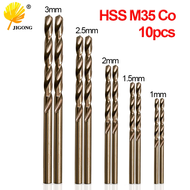 JIGONG 10 Cái/bộ Xoắn Bộ Mũi Khoan HSS M35 Đồng Mũi 1Mm 1.5Mm 2Mm 2.5Mm 3Mm Sử Dụng Cho Thép Không Gỉ