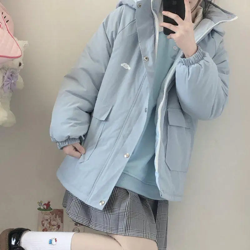 Jaket empuk katun Cinnamoroll lucu pakaian katun tebal musim dingin wanita jaket bantalan roti siswa perempuan gaya Korea hangat