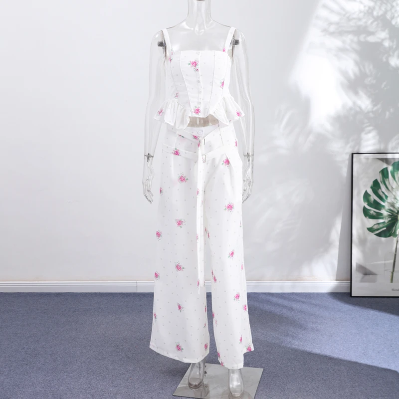Eleganter bedruckter Damen-Westen-Hosenanzug, ärmelloses Oberteil mit Blumenmuster, plissiert, weit geschnittene Hose, Damen-Set, Sommer-Herbst 2026, Damen-Sets – Detail 10