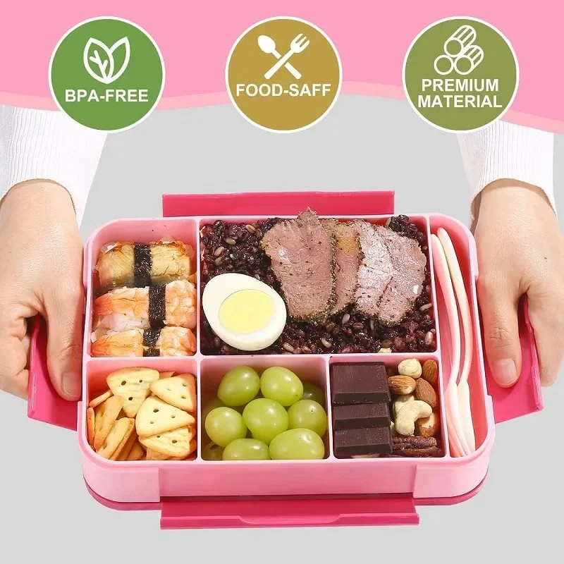 Portable Bento Lunch Box for Kids Adults 1330ml Microwavable Leak-Proof 5 Compartments with Tableware