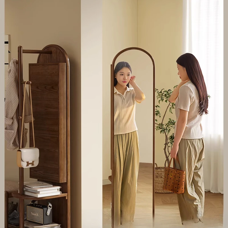 Solid wood full-body mirror floor mirror, rotatable mirror hanging hanger full-length mirror integrated
