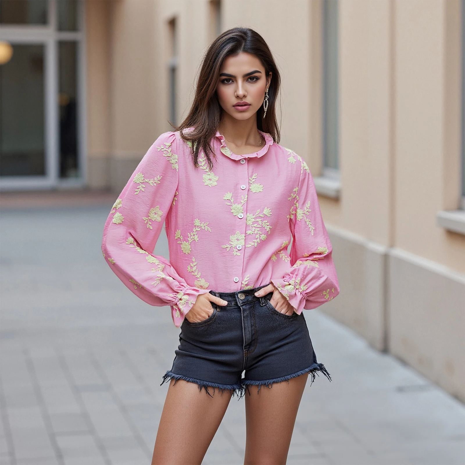 

Women’s Loose Button Down Shirts Long Lantern Sleeve Floral Applique Tops Fall Blouse