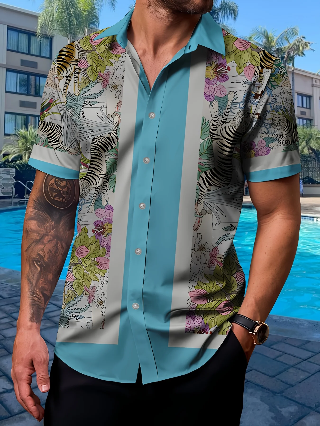 

Men's Hawaiian Shirts Summer Casual Hawaiian Stripe Casual Printed Button Lapel Short Sleeve Shirts Men's Short Sleeve Shirts