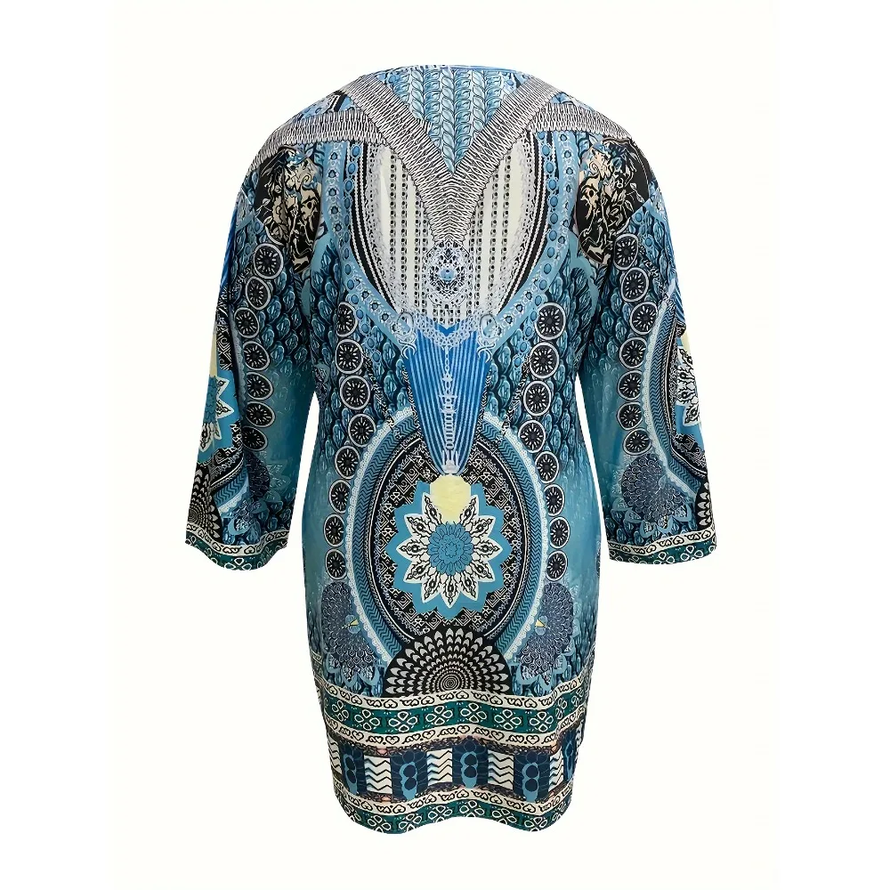 Sukienka damska plus size 1XL-5XL, długa, z długim rękawem, w etniczne wzory, jesienna, codzienna, z dekoltem w serek, idealna na imprezę.