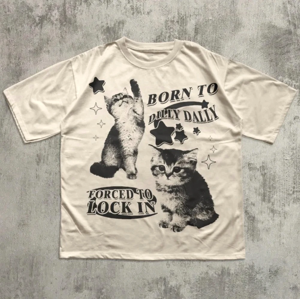 Born To Dilly Dally Forced To Lock on Funny Y2K T-shirt Cat Printed Women Short Sleeve Round Neck Soft Casual Clothing