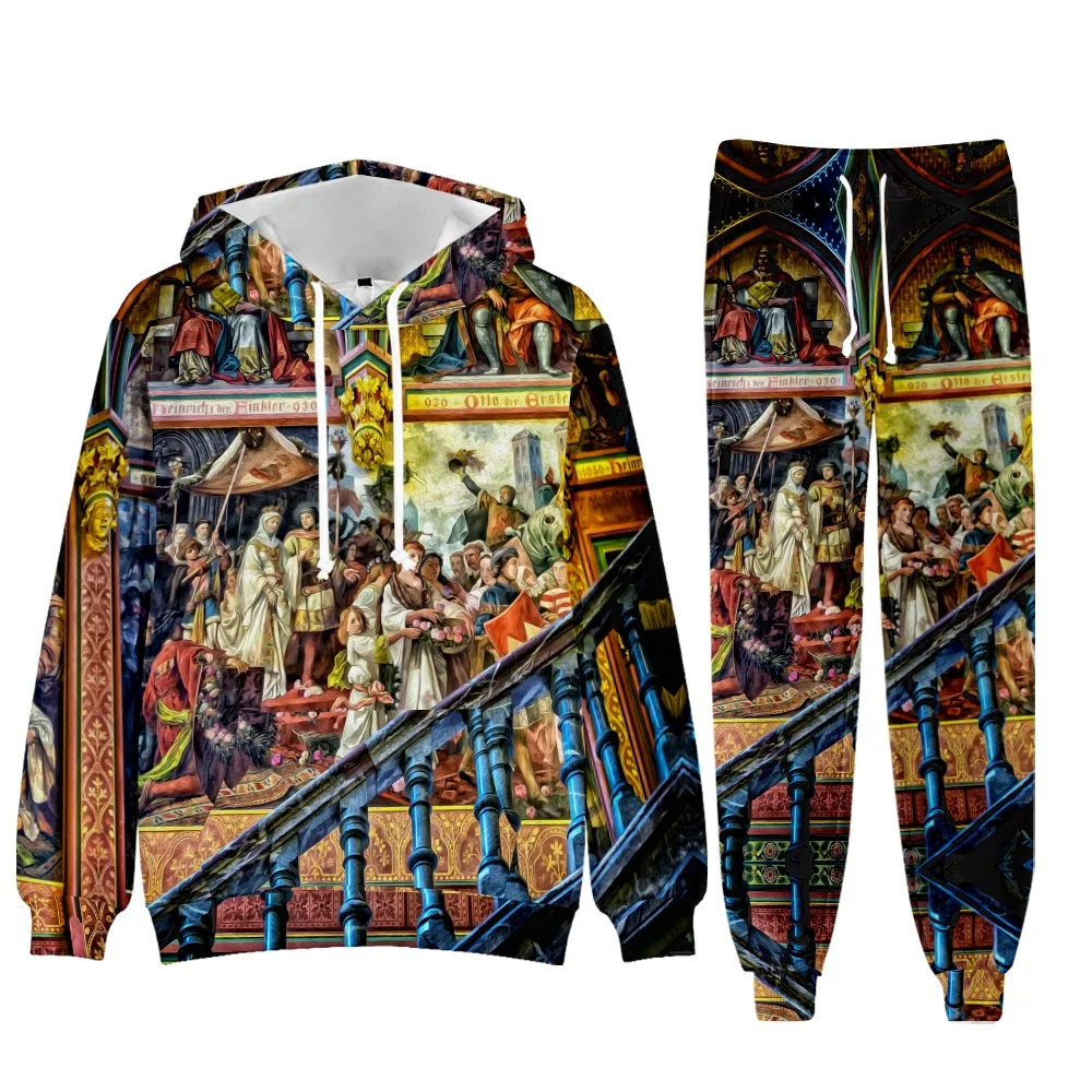 Church European Architecture Casual Hoodie 2 Piece Suit 3D Printing Print Harajuku Hoodie And Jogging Pants Large Size Wholesale