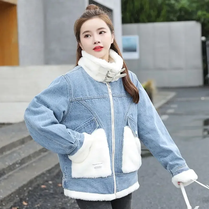 Warm Wool Inside Zipper Women's Denim Jackets Padded Winter 2025 for Cold with Fur Plush Female Jeans Coats New in Harajuku