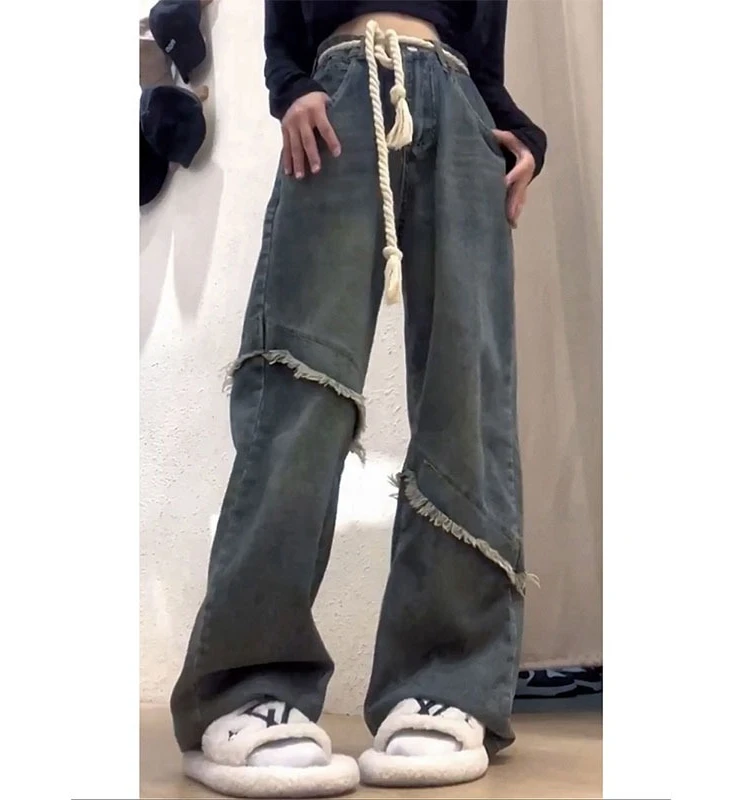 

American Retro High Street Sexy Girl Frayed Jeans Women's plus Size Loose Straight Leg Wide Leg Pants Summer Deep Color