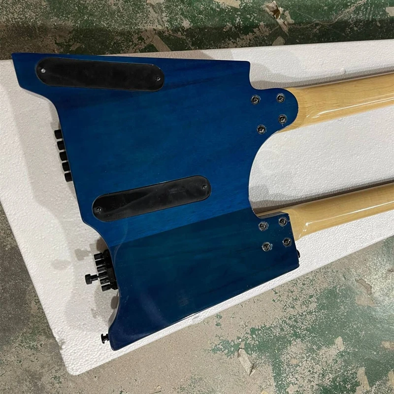 غيتار كهربائي بلون أزرق وعنق مزدوج بدون رأس ، لوحة أصابع من خشب الورد ، سطح من خشب القيقب اللهب ، 6 + 5 أوتار