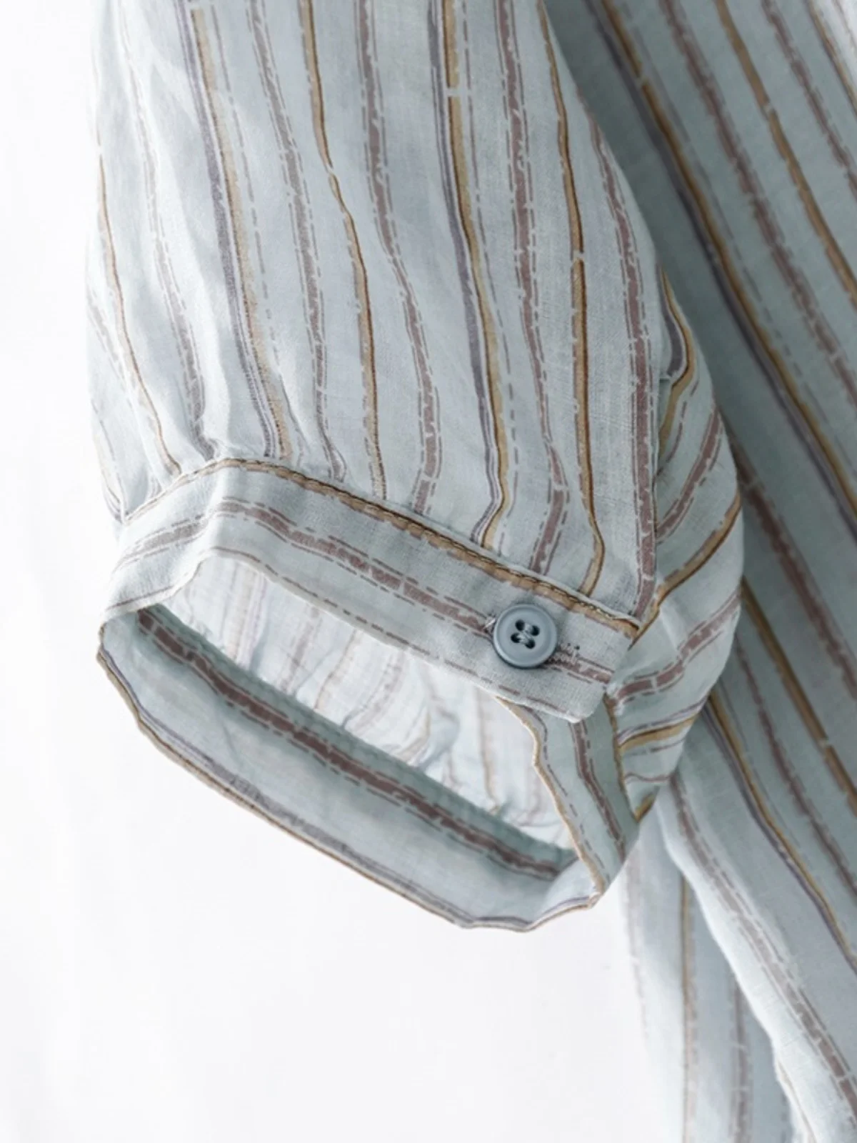 Retro Flannel Stripe Shirt Women Summer Fashion Loose Versatile Turn-down Collar Cotton Linen Seven Sleeve Tops - view 3