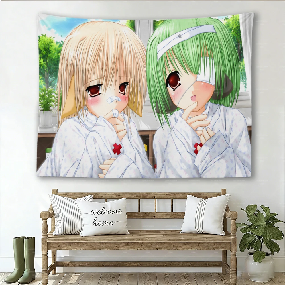 Anime Two Girls Hospital Gown Tapestry, Bandage Eyepatch Manga Character Wall Hanging, Pastel Window Scenery Cloth Poster, Otaku