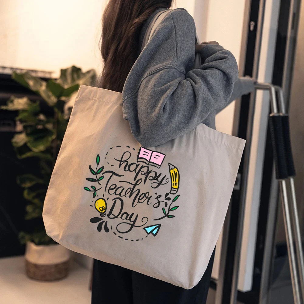 Happy Teacher\'s Day Print Women‘s Canvas Casual Teacher Bag Teacher Handbag Fashion Commuter Bag The Best Teacher’s Gift