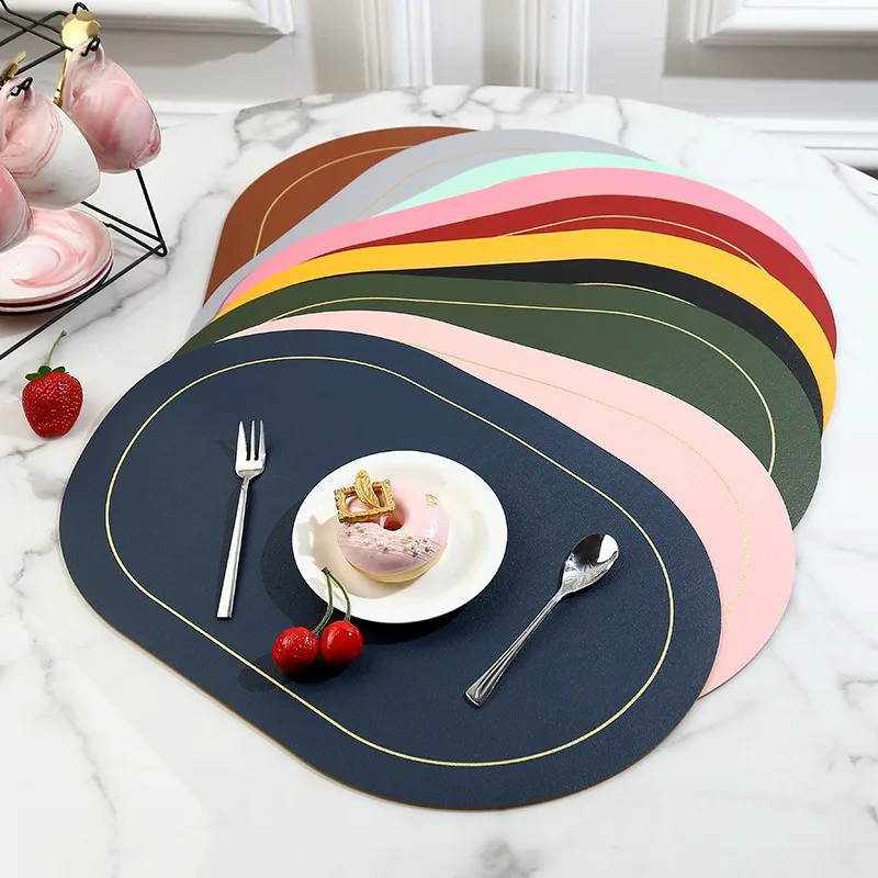 Nordic Style Two-color Contrasting Oval Leather Placemat for Home Use, Waterproof, Oil Resistant, and Heat-insulating