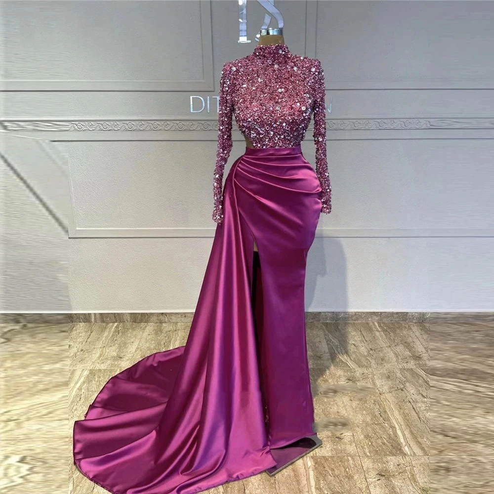 Elegant Purple Satin Mermaid Beading Evening Dresses For Women High Neck Long Sleeves Fascinating Mopping Party Prom Gowns