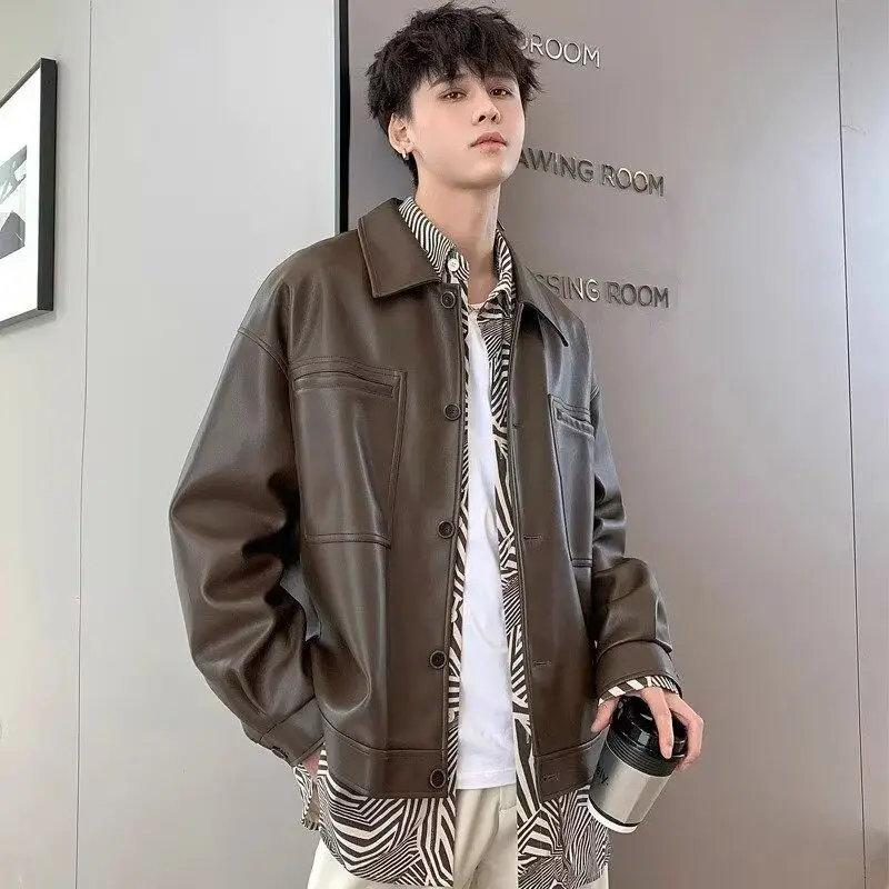 سترة رجالية من جلد البولي يوريثان بتصميم هونج كونج بتصميم كلاسيكي فضفاض مناسب لراكبي الدراجات النارية مع طية صدر السترة ملابس خارجية عصرية للربيع والخريف #3