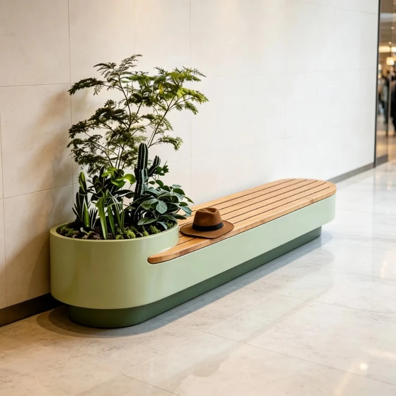 Fiberglass public seats with flower pots, modern commercial flower pot seats, suitable for shopping center furniture