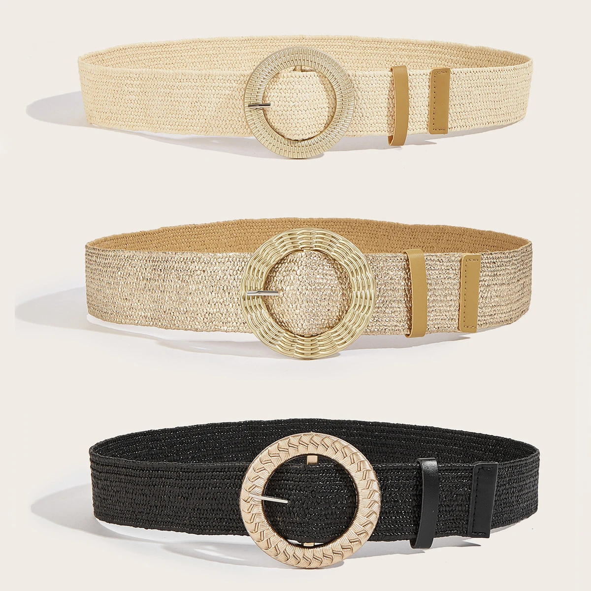 Fashion Women Golden PP Straw Belt Casual Bohemian Wide Belt Summer Braided Waistbelt Buckle Elastic Female Straw Waist Belt