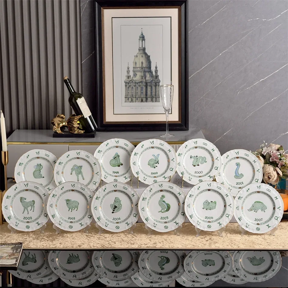 High-end 8in Gold Trimmed Ceramic Chinese Zodiac 1996-2007 Series Dinner Plate Tableware Household Banquet Dishes Gift Box