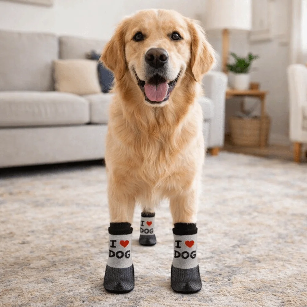 

4 pieces/set Waterproof Pet Socks Booties Anti-Slip Soft Sole Dog Socks Shoes Wear Resistant Adjustable Dog Knit Socks Walking