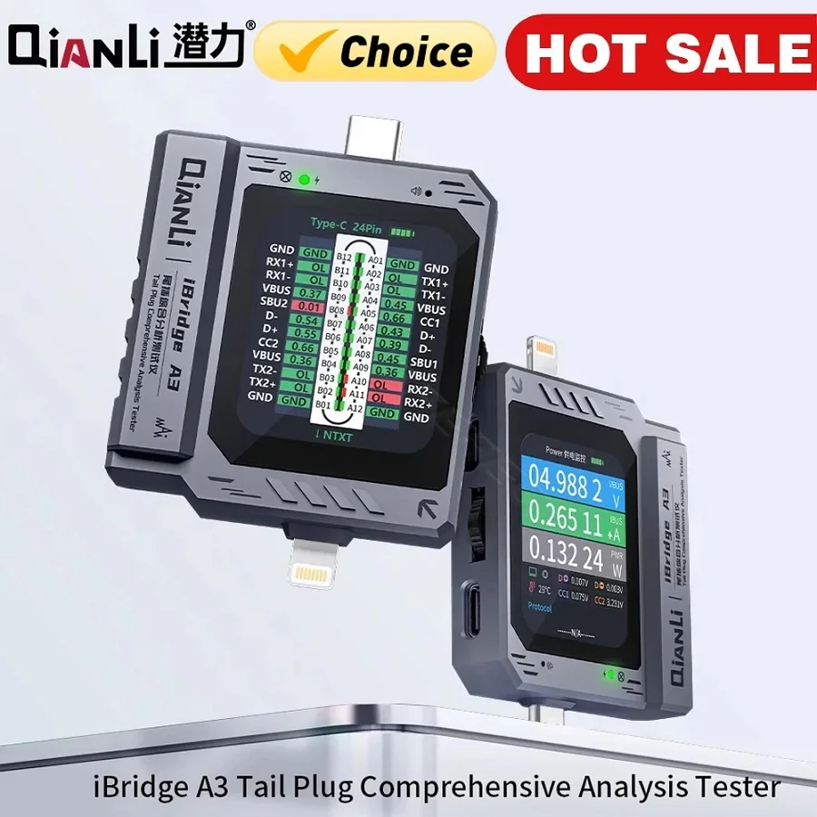 YCS Qianli iBridge A3 Tail Plug Analysis Tester Current Voltage Detection Compatiable For Type-C iphone Andriod Dock Port Repair