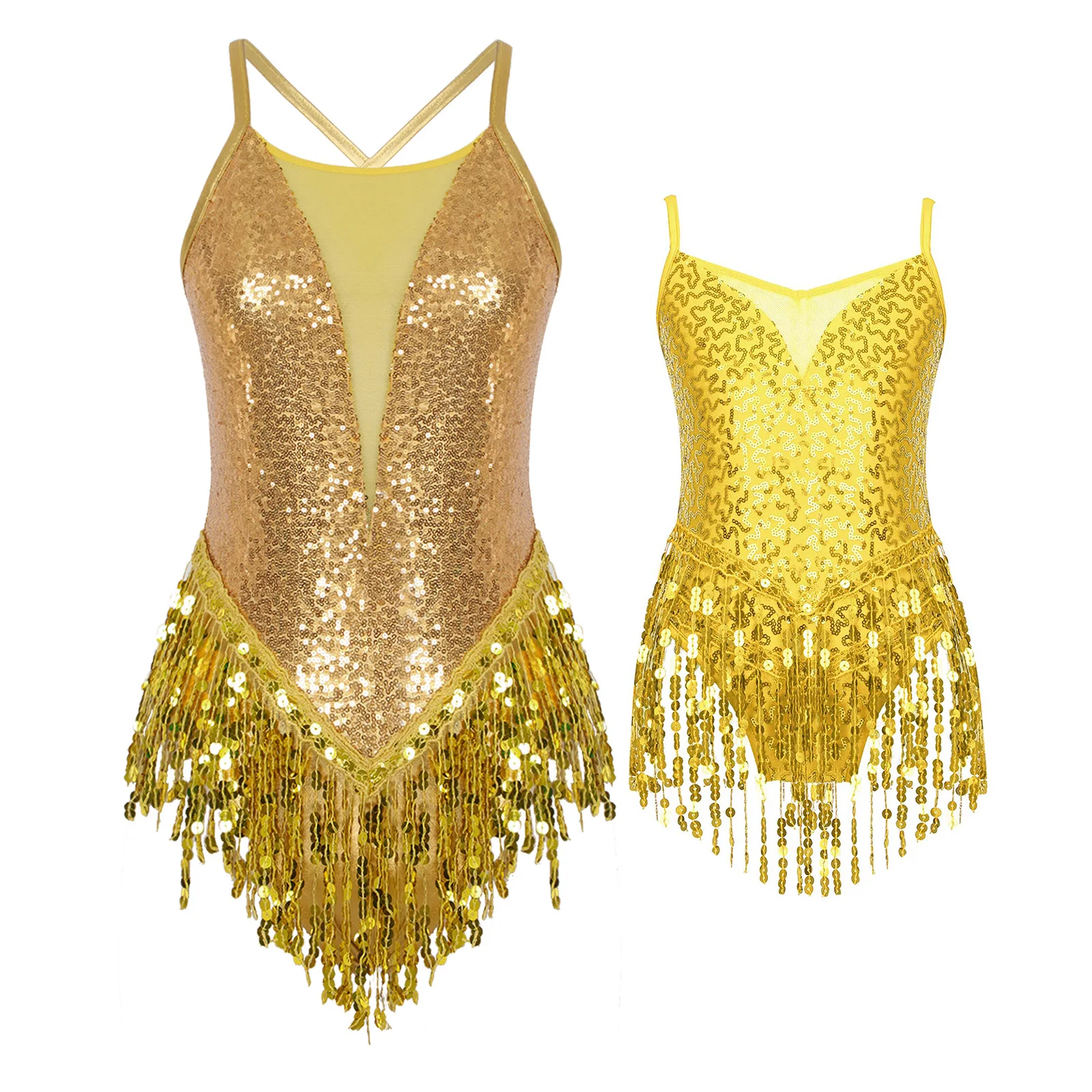 Sparkling Sequins Fringed Leotard Sexy Cross Back Bodysuit Latin Dance Bodysuit for Womens Dancewear Samba Cha-cha Performance