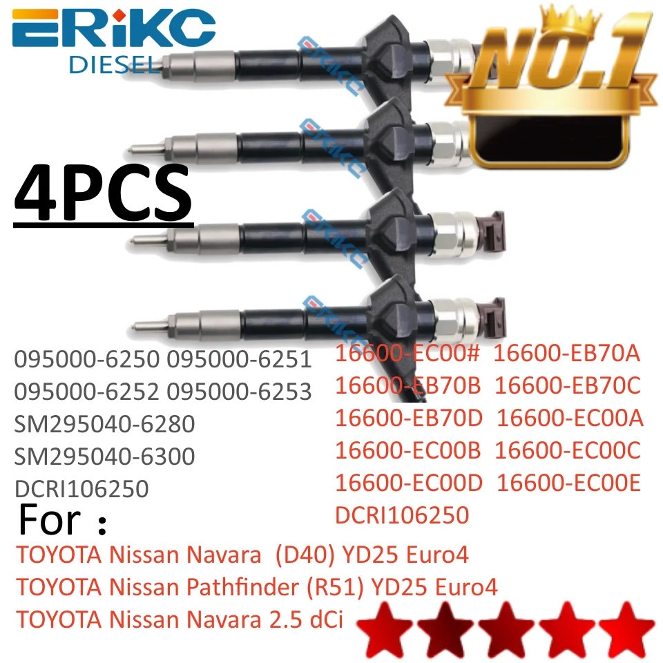 4PCS 095000-6250 16600-EB70B 16600-EB70A Common Rail Injector for Nissan YD25 Navara D22 D40 & Pathfinder R51 YD25DDTI