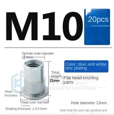 20pcs Flat Head Metric Steel M10 Blind Insert Rivet Nut Rivnut