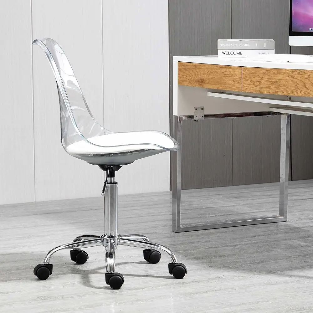 Clear Desk Chair With Cushion, Arml Acrylic Rolling Chair Height Adjustable Ghost Swivel Molded Plastic And Wheels, Clear