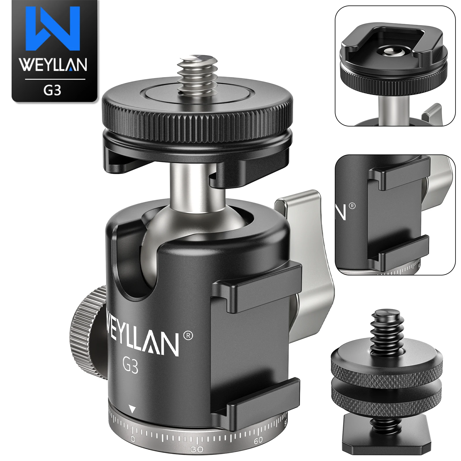WEYLLAN G3 Dual Cold Shoe Metal Mini Ballhead Tripod Head 1/4'' Screw for Camera Photography Phone Bracket Microphone Fill Light