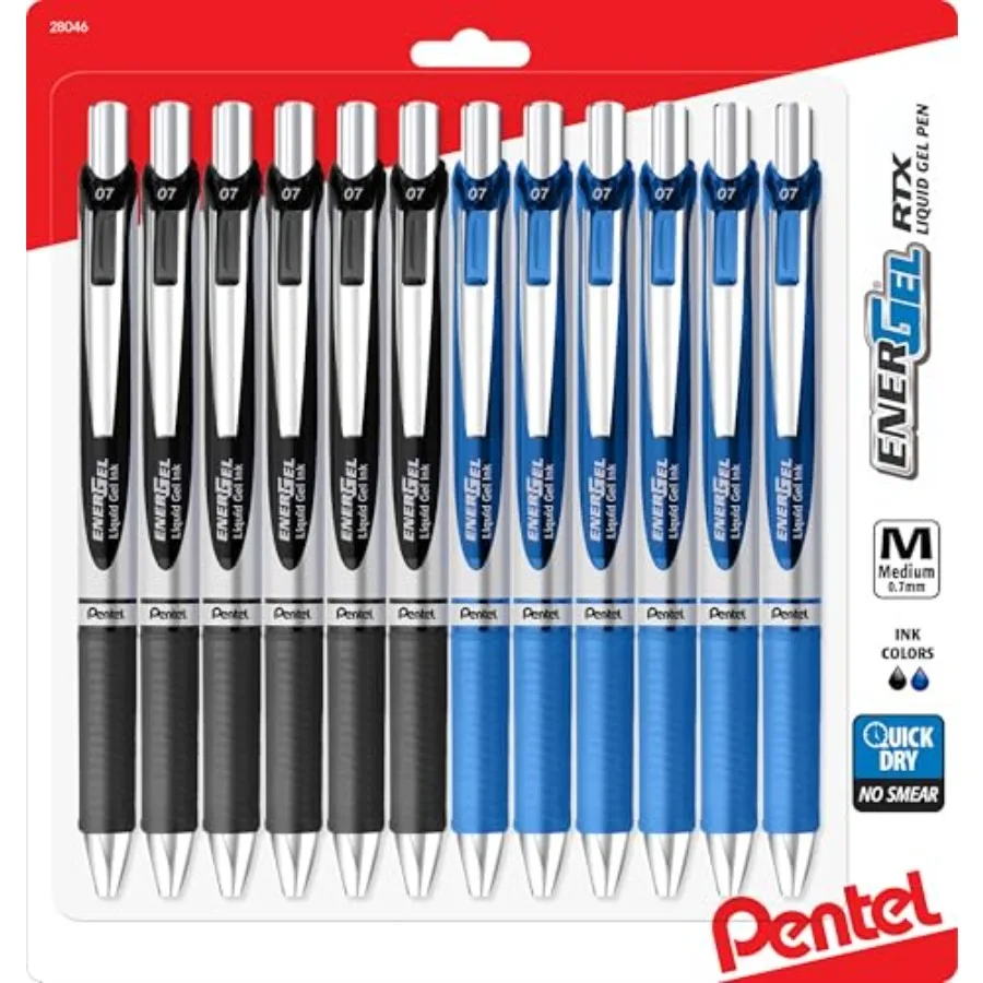Energel 0.7 mm Rtx Retractable, 6 Black and 6 Blue Ink Pens Metal Tip, Medium Point Energel Liquid Gel Ink Pens 0.7 mm. Pack of