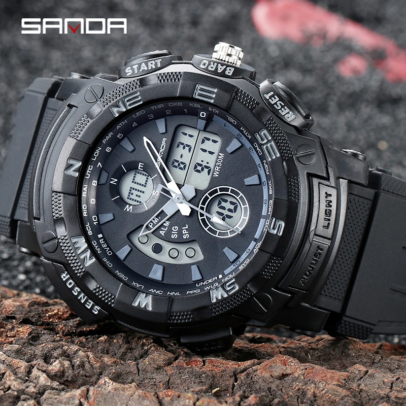 SANDA Mens Watches Multifunctional Dual Display Watch Sports Chronograph Automatic Calendar HD LED Luminous Waterproof Reloj 775