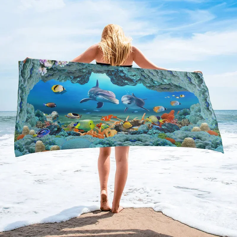 Toalha de banho subaquática World Microfiber Quick Dry Swimming Cover, Ocean Theme Beach Towel, Camping and Yoga Mat, World Fish Dolphin