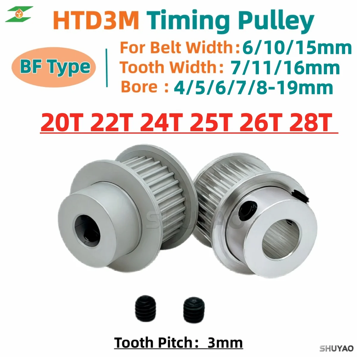 HTD 3M Timing Pulley 20T 22T 24T 25T 26T 28T 3M Pulley 20Teeth 24Teeth 25Teeth 26Teeth 28Teeth Width 6/10/15mm HTD3M Belt Pulley