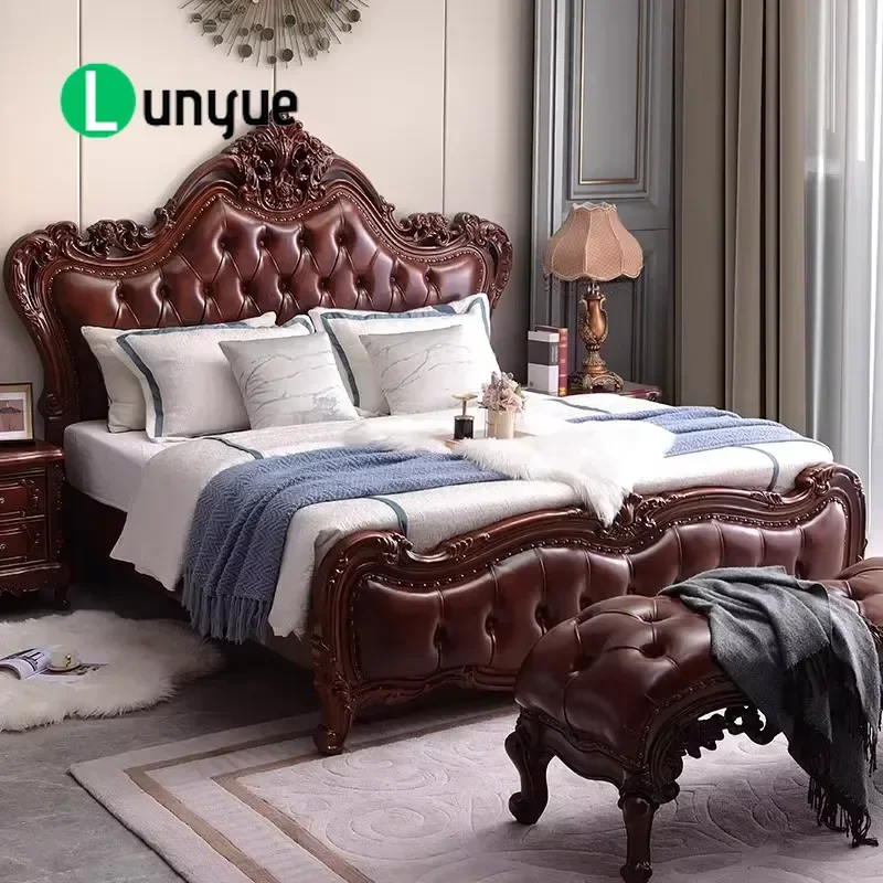 European Solid Wood Leather Bed 1.8m Double Light Luxury French Engraved Comfortable Master Bedroom Wedding Furniture