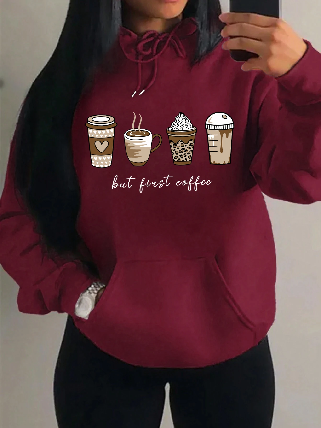 But First Coffee Cartoons Coffee Drinks Pattern Hoodies Fashion Warm Hoody Casual Trendy Sweatshirt Street Women Pullovers