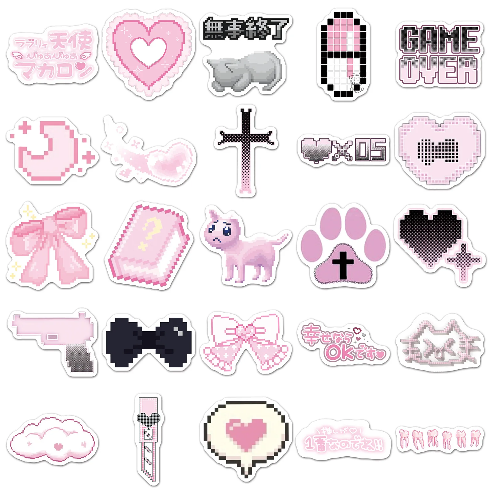 50PCS Pixel style Cartoon Stickers Black Gothic Graffiti Pink DIY Decoration Laptop Phone Guitar Car Bike Decals Kids Toys Gift