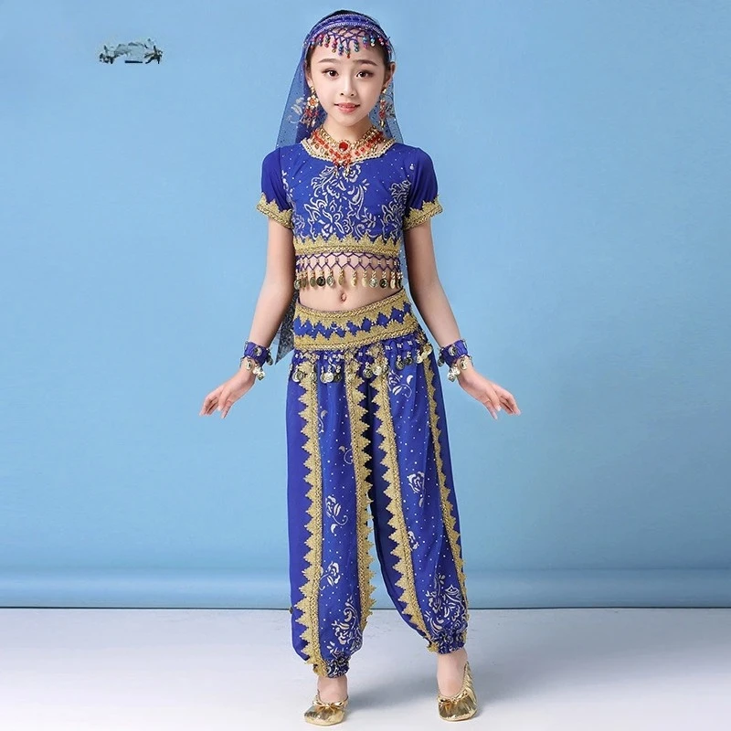 Conjunto de trajes de danza del vientre, vestidos de danza Oriental para niños, danza del vientre, niños indios, 4 colores, ropa de danza del vientre de la India