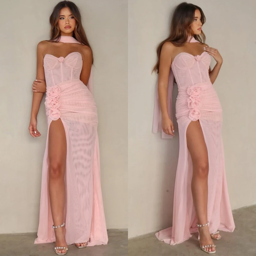 

Customized Simple Pink Chiffon Evening Dress Classic Strapless Sleeveless Celebrity Gowns Delicate Straight Flowers Prom Dresses