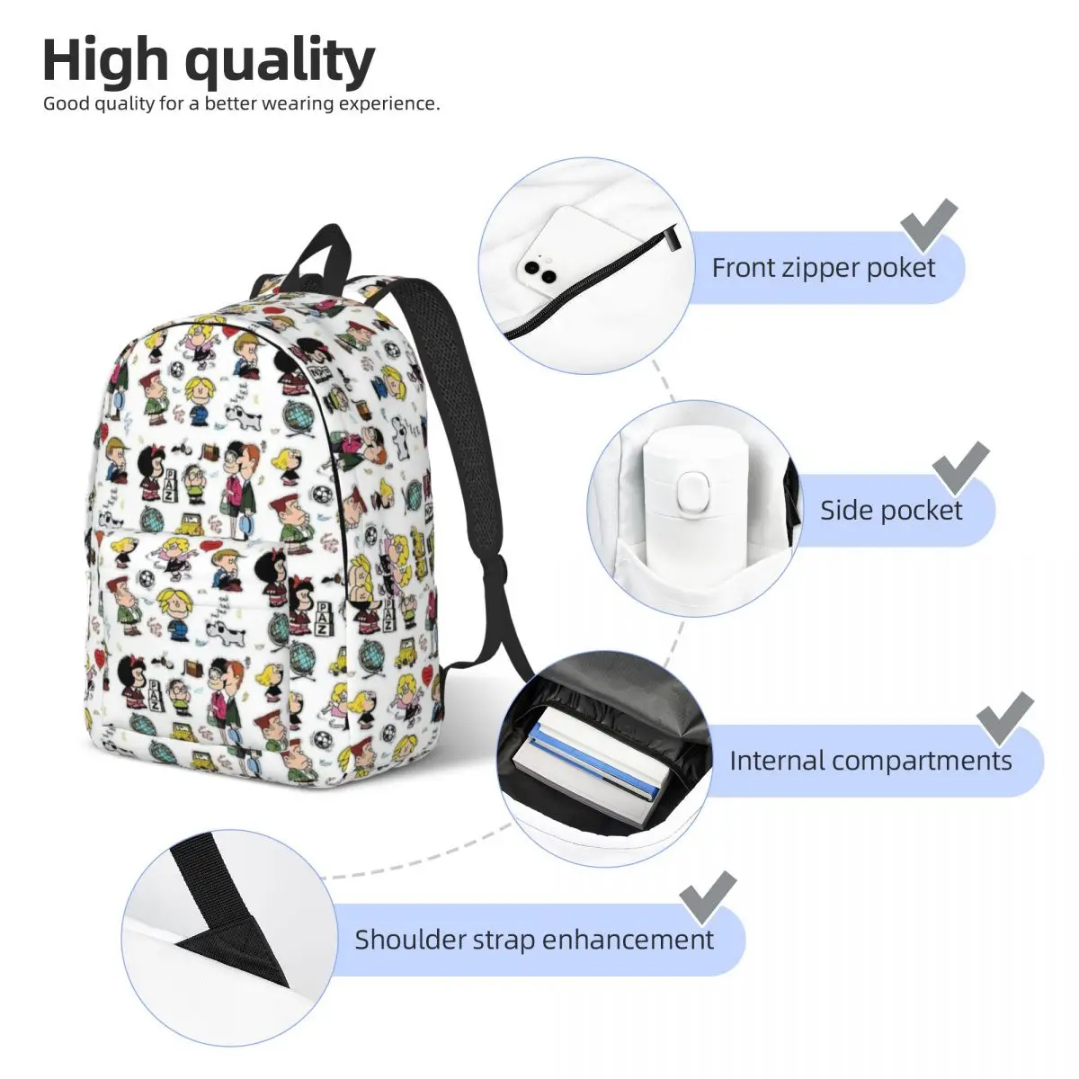 Mafalda e i suoi personaggi per uomo donna studente scuola Bookbag Daypack elementare High College leggero