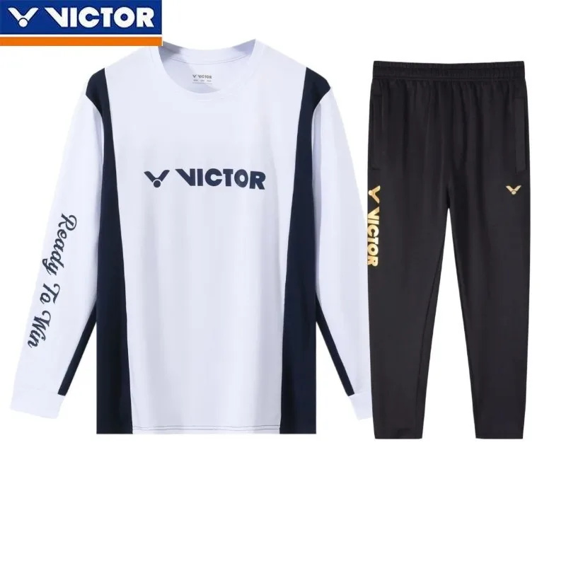 Victor 2025 New Men's and Women's Same Badminton Clothing Fashion Printing Long-sleeved Top with Trousers Suit