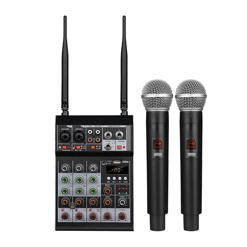 Portable Audio Mixer console 4 Channels With 2 Handheld Microphone Wireless Recording Sound Equipment Performance System Tuning