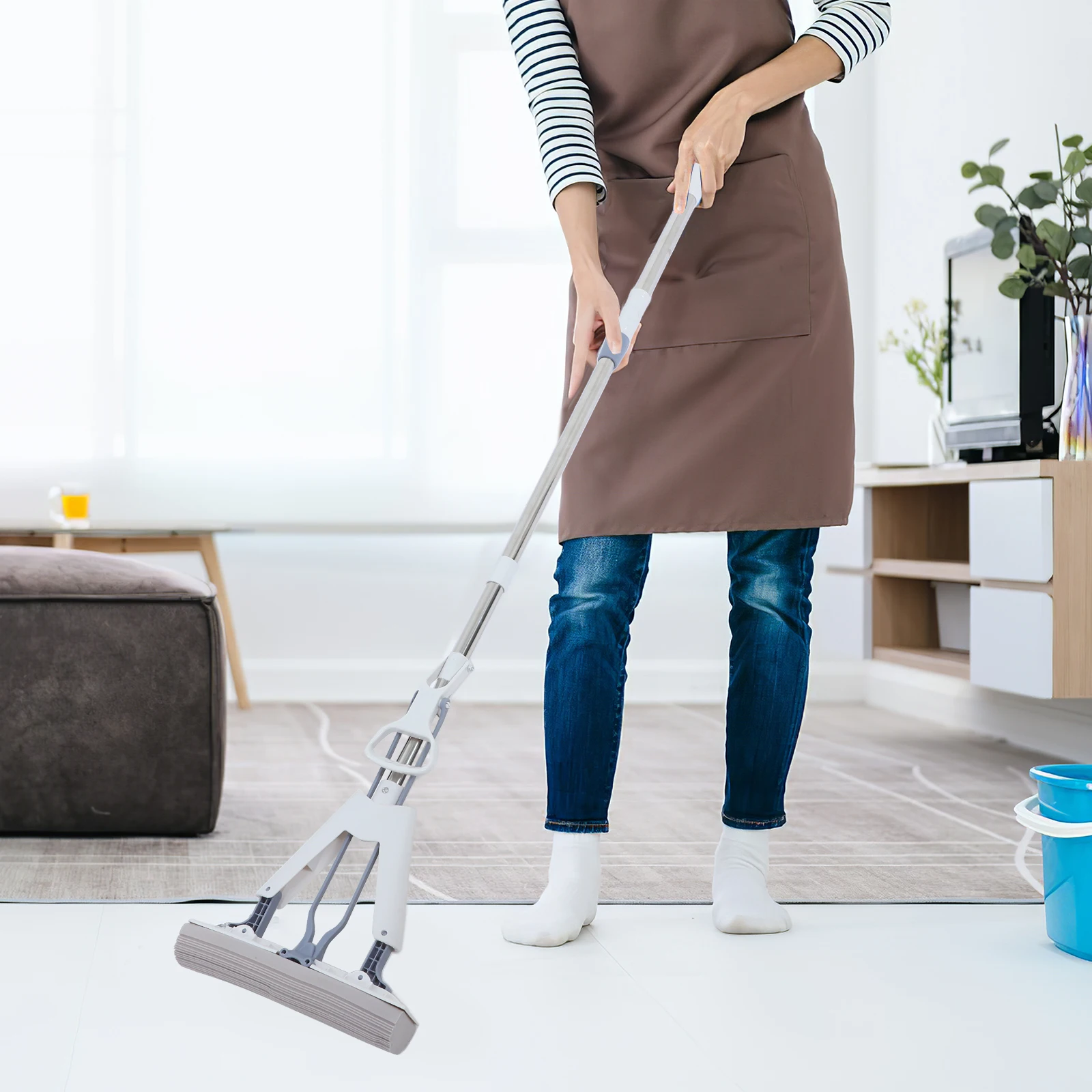 

Folding Mop 28cm White Absorbent Sponge Lazy Squeeze Detachable Head Easy Wring Household Flat Mop Tile Floor Cleaning
