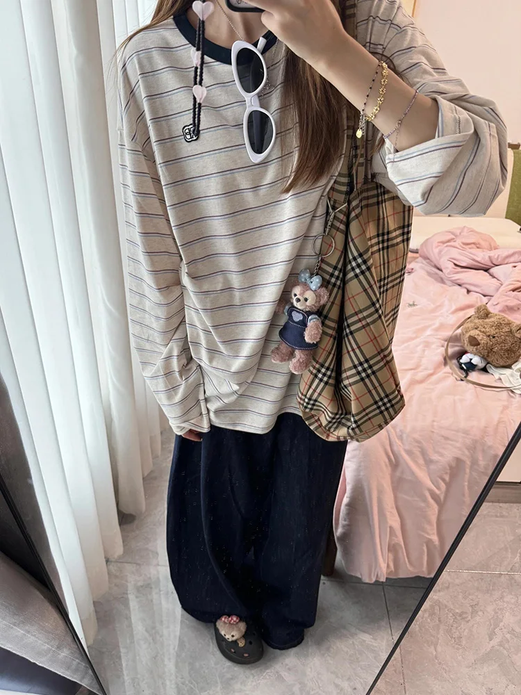 Amerykańska koszulka z długim rękawem, z haftem w paski, damska, wiosenno-jesienna, luźna, do noszenia pod spód, bazowa, bawełna 100%.